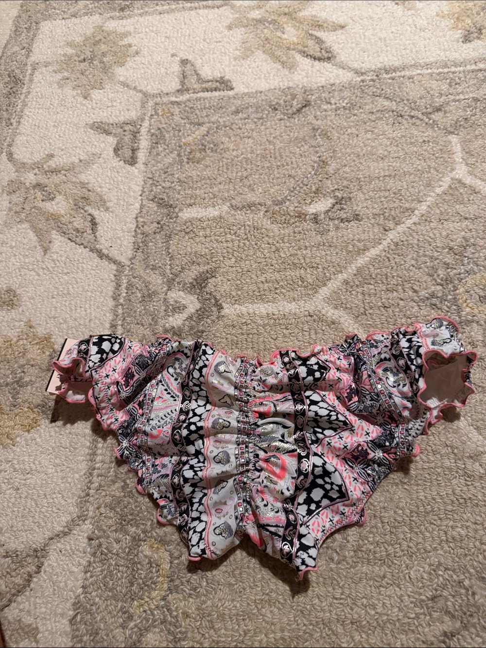 Victoria's Secret Pink and Black Patterned Ruffle Bikini Bottoms - Picture 2 of 5